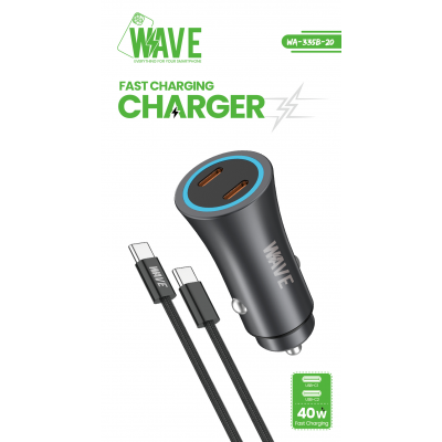 Wave WA-335B-20 Fast Car Charger Dual Type-C Port 40W With PD Cable (zwart)
