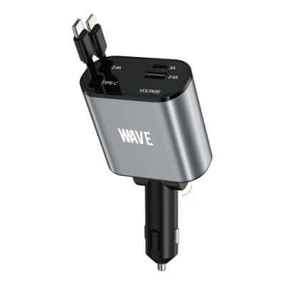 Wave WA-329 Car Charger Dual Port 120W Met Type-C & Lightning Cable (Black)