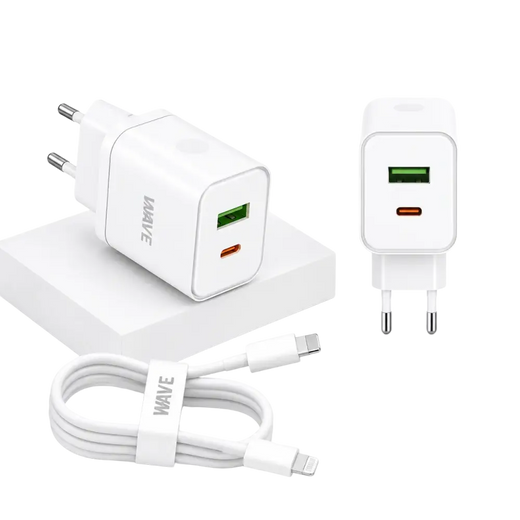 Wave WA-166-10 Travel Fast Charger USB-A & USB-C 20W + USB-C naar Lightning Kabel 1M – Wit