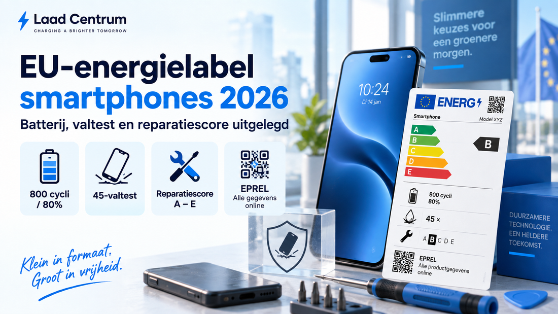EU energielabel smartphones 2026 met batterij, valtest en reparatiescore informatie.