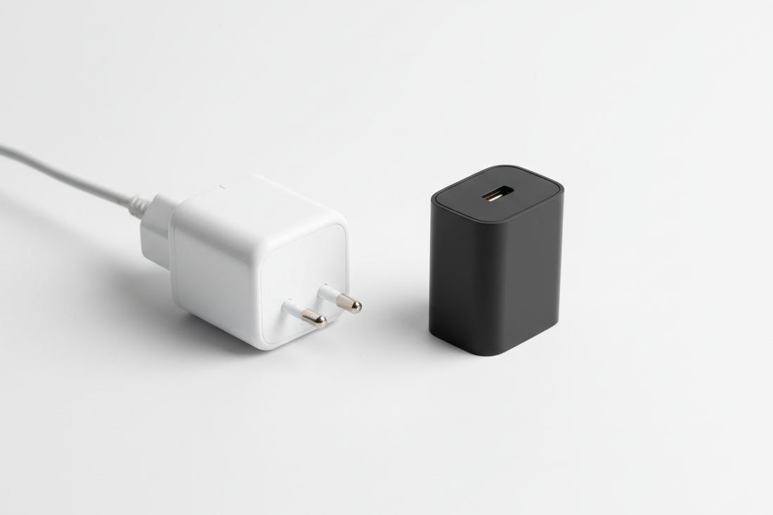 GaN oplader vs gewone oplader – formaatverschil naast elkaar
