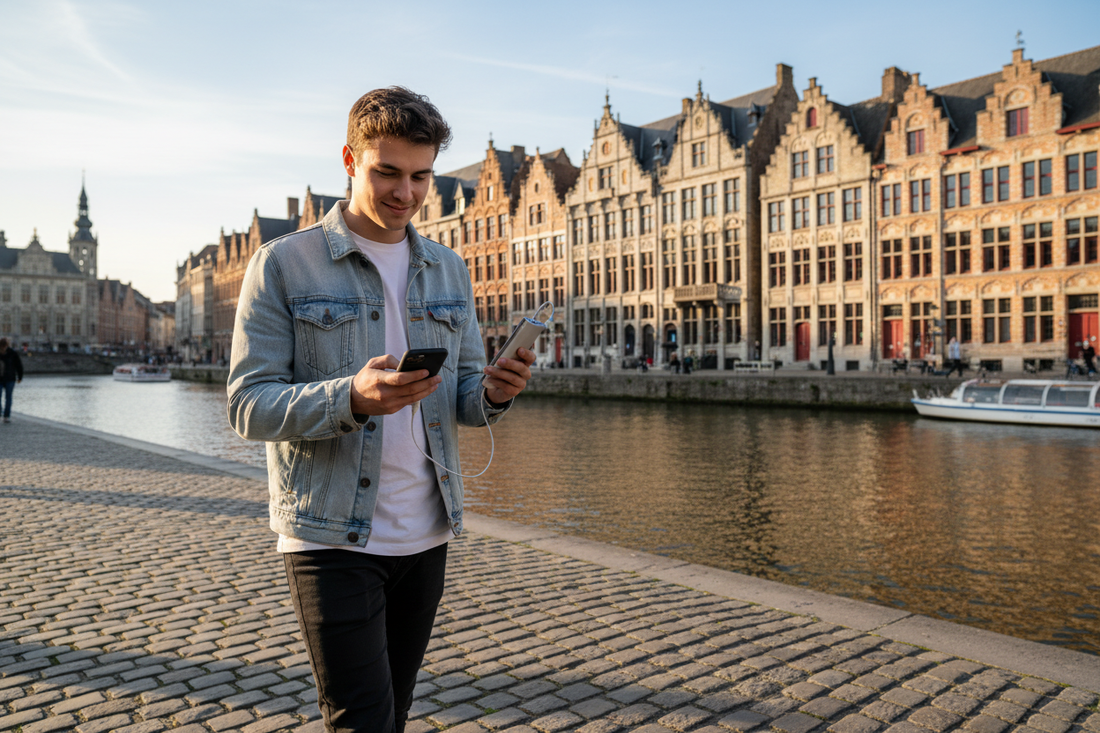 Powerbank gebruiken in Gent – Graslei op de achtergrond
