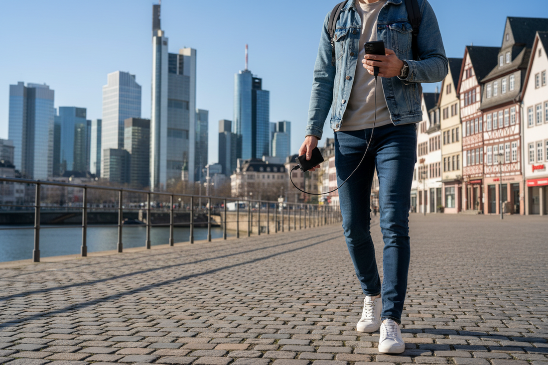 Powerbank kaufen in Frankfurt – Skyline und Bankenviertel im Hintergrund