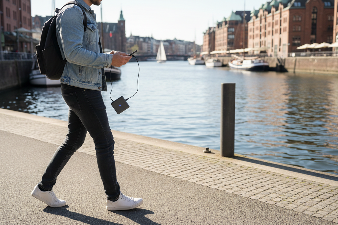 Powerbank kaufen in Hamburg – Speicherstadt und Alster im Hintergrund