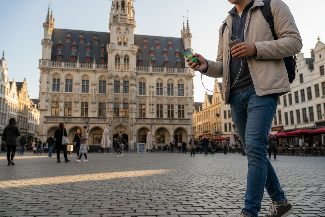 Powerbank kopen in Leuven – student bij het gotische stadhuis