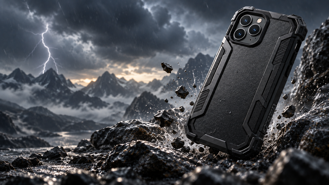Robuust shockproof telefoonhoesje in een ruig stormachtig landschap