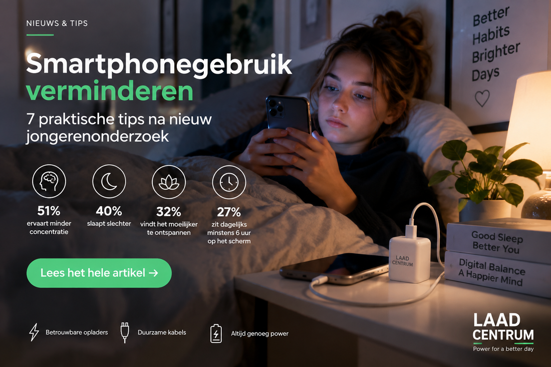 Meisje dat smartphone gebruikt met de tekst "Smartphonegebruik verminderen: 7 praktische tips". smartphonegebruik verminderen tips