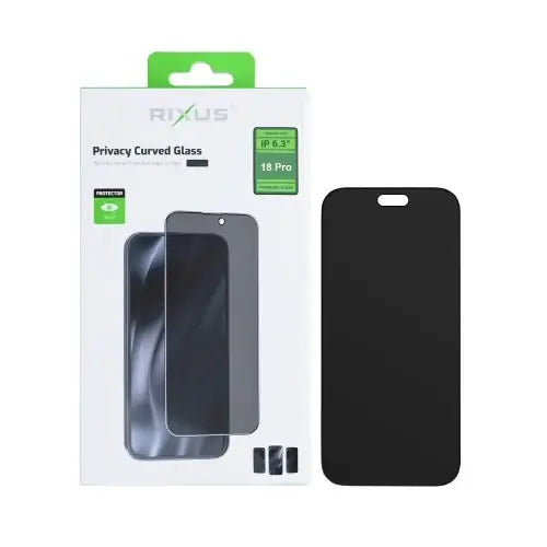 Rixus Privacy screenprotector iPhone 18 Pro verpakking en geassembleerd schermglas.