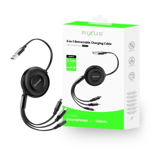 Rixus RXUC25 3-in-1 intrekbare multi snellaadkabel zwart – productoverzicht