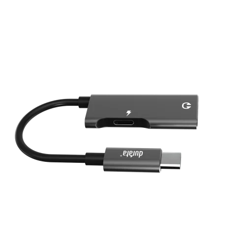 Durata DRMU19 USB-C audio laadadapter voor gelijktijdig opladen en audio afspelen.