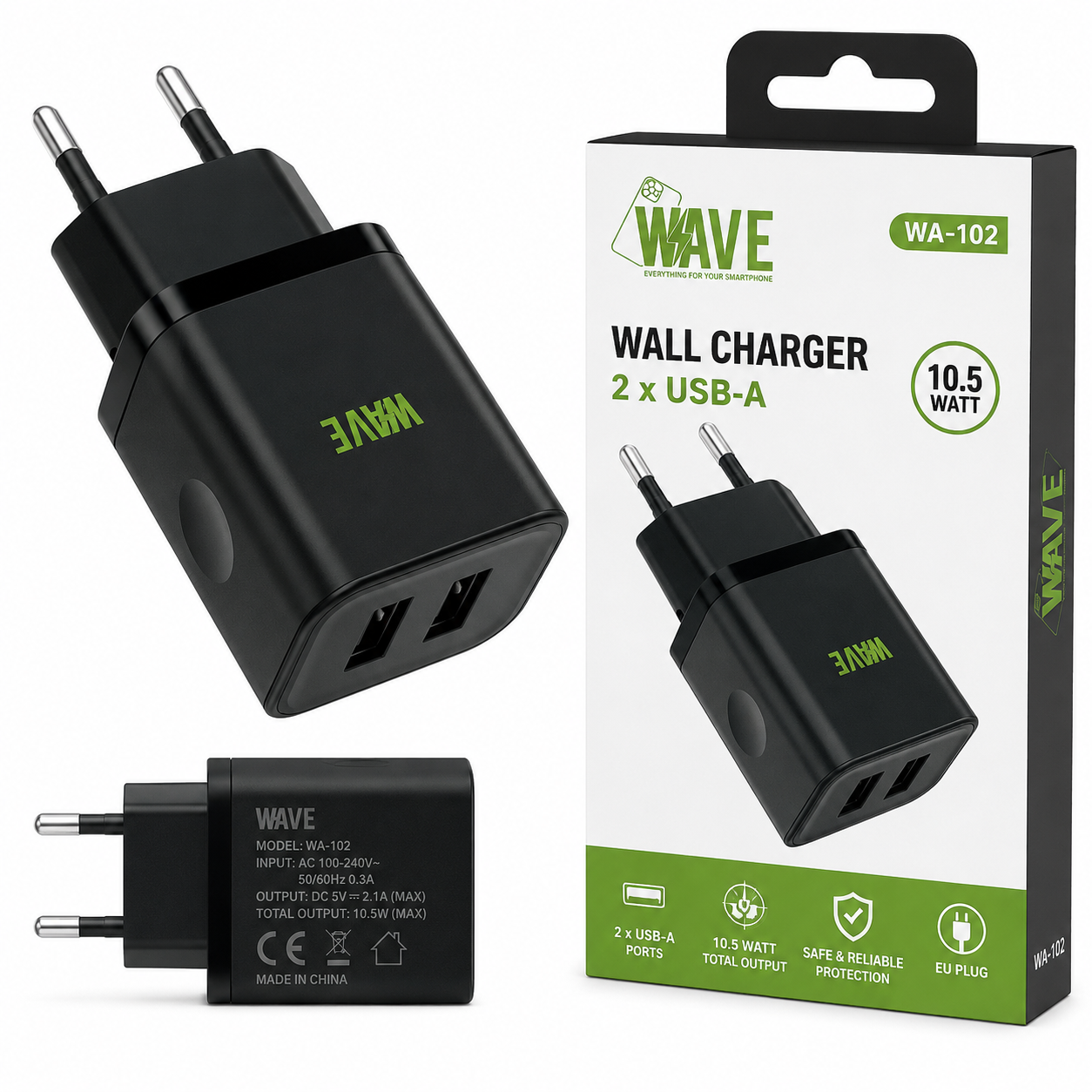 Wave WA-102 USB Wandlader 10.5W – 2x USB-A – Zwart