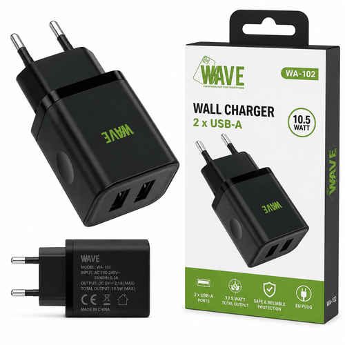 Wave WA-102 USB Wandlader 10.5W – 2x USB-A – Zwart - Wave by Laad Centrum