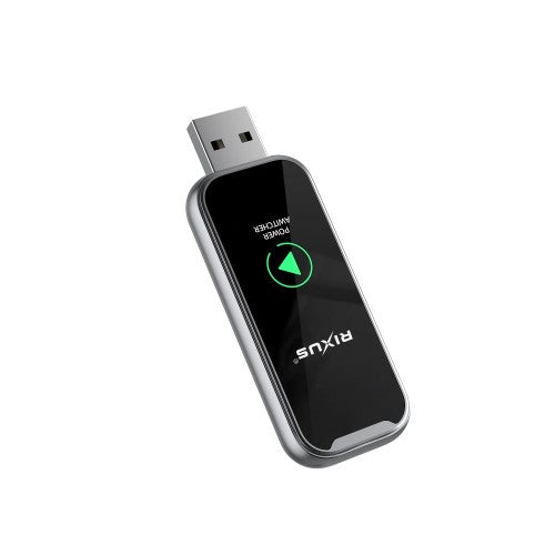 Rixus RXCP03 Draadloze CarPlay Dongle – Metaalgrijs op een witte achtergrond, USB-connector zichtbaar.