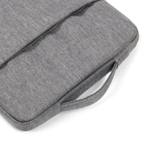 Grijze laptop sleeve 15-16 inch met handvat voor veilige opslag en transport van laptops.