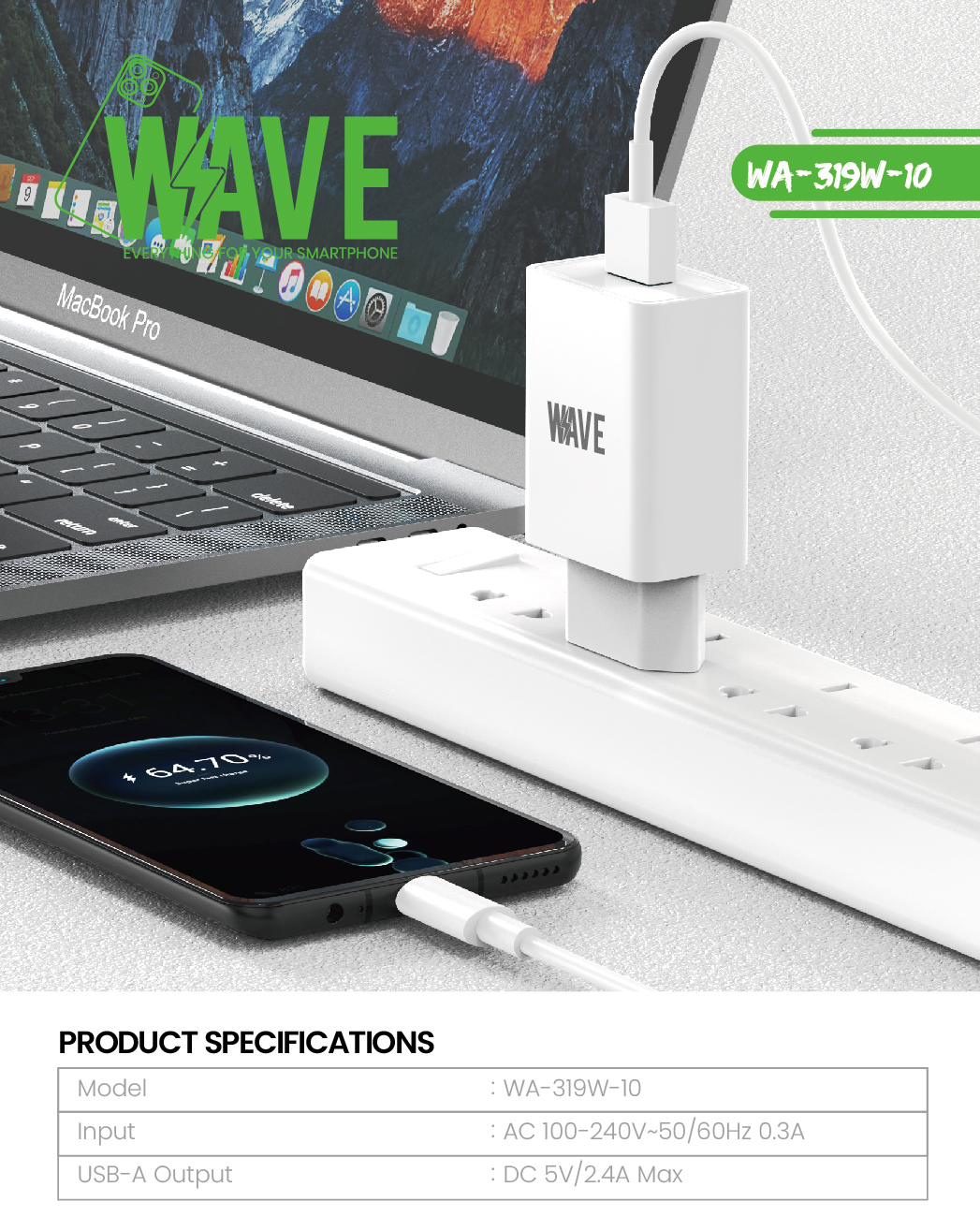 Wave WA-319W-10 Travel Charger 12W USB-A Port With USB Micro Cable (wit)