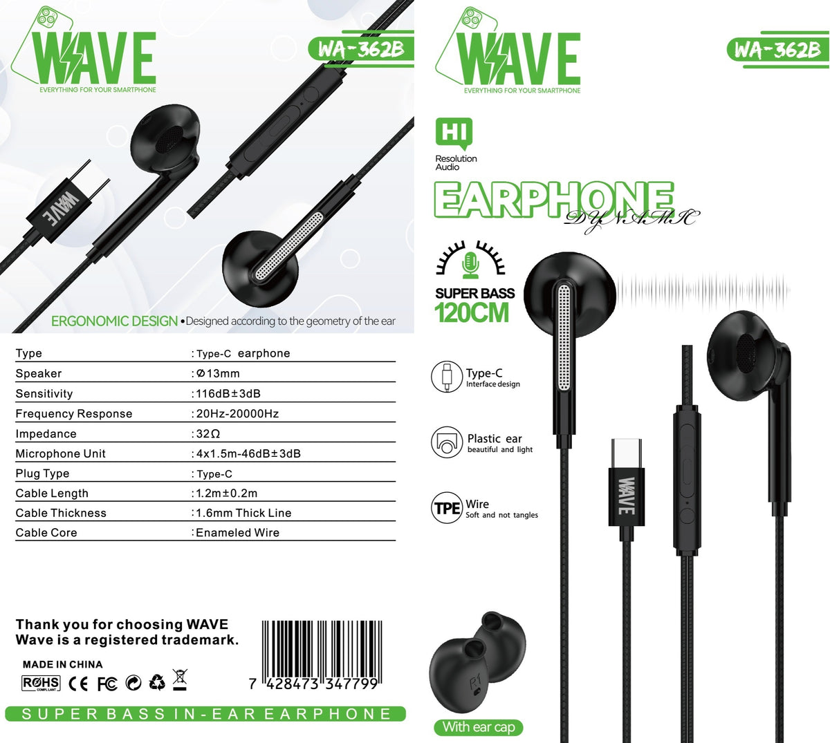 Wave WA-362B Wired Ear Phone Type-C (Black)