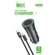Wave WA-335B-20 Fast Car Charger Dual Type-C Port 40W With PD Cable (zwart)