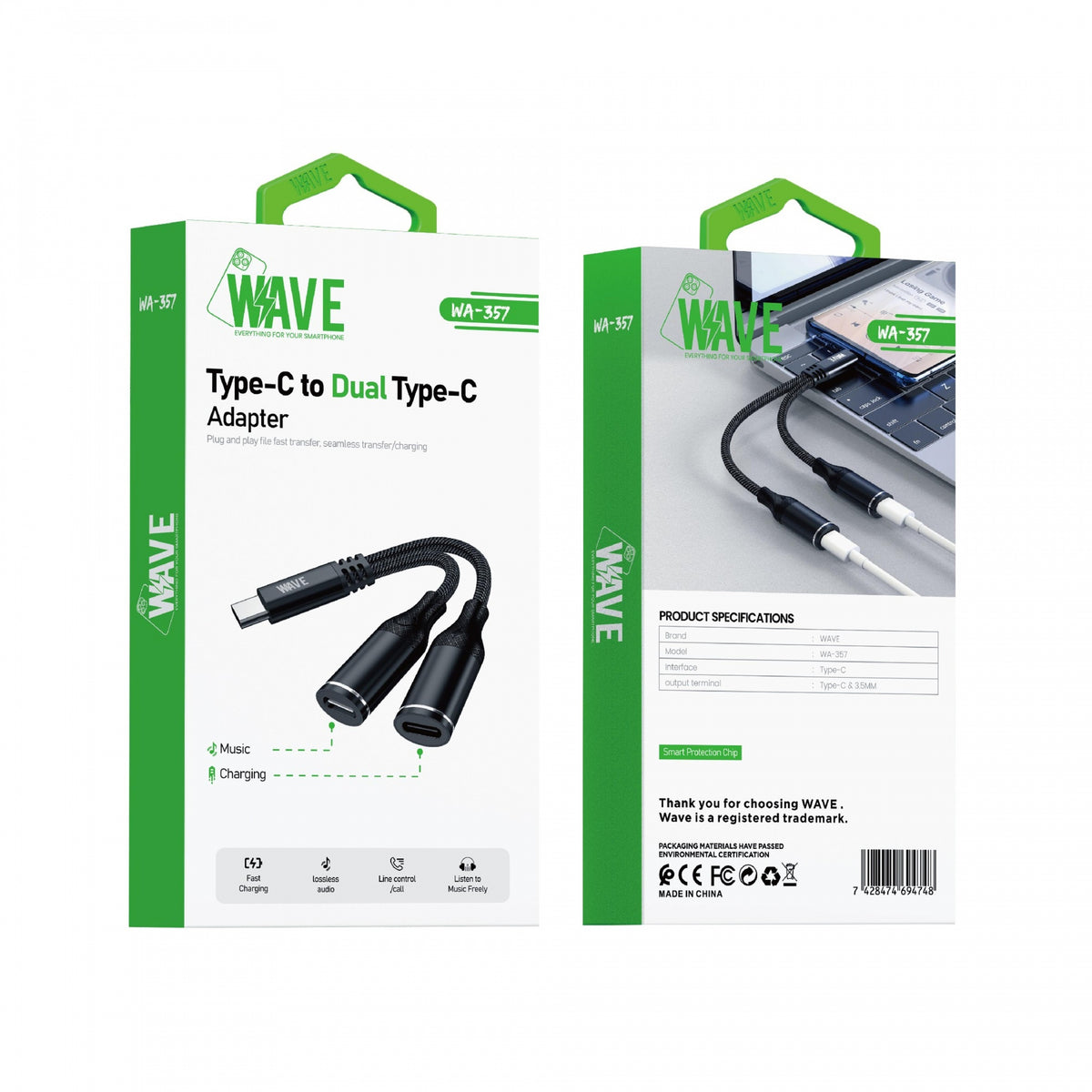 Wave WA-357 Type-C To Dual Type-C Adapter (Call | Fast Charging | Music)