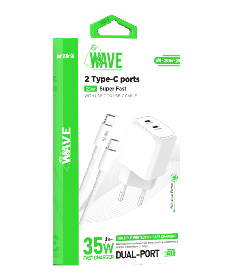 Wave WA-253-20 Quick Travel Charger 35W 2Port Type-C + C Cable (wit)