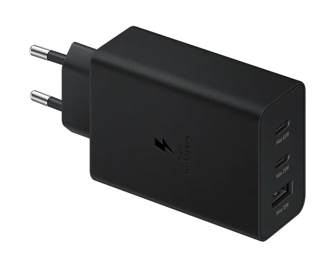 Samsung 65W PD Power Adapter Trio USB-C x2 USB-A x1 Retail with Packing (zwart)