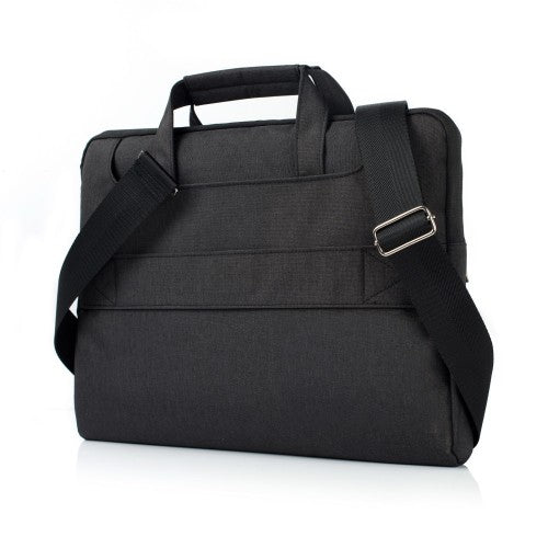 Zwarte laptop sleeve 11-12 inch met schouderband, ideaal voor het veilig vervoeren van je laptop.