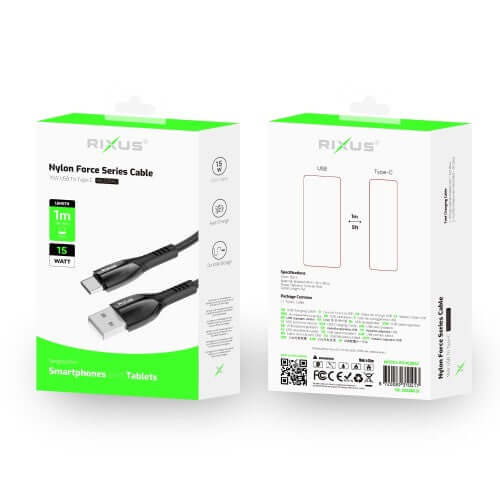 Rixus Nylon Force Series Kabel 1m met USB-A naar USB-C datakabel met metalen afwerking in de verpakking.