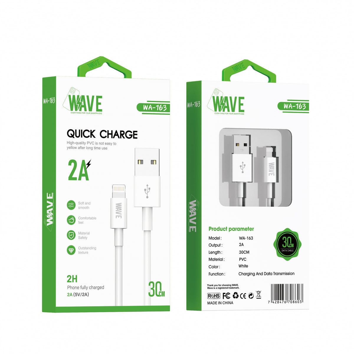 Wave WA-163 Quick Charger 2A Lighning Cable 30 CM (wit)