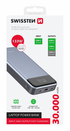 Swissten Power Delivery Powerbank 133W – 30.000 mAh – Voor Laptops – Grijs