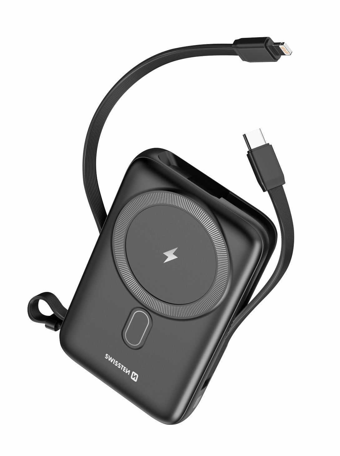 Swissten MagSafe Powerbank 20W – 10.000 mAh – Ingebouwde USB-C & Lightning Kabels