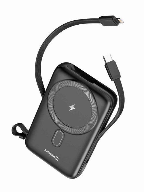 Swissten MagSafe Powerbank 20W – 10.000 mAh – Ingebouwde USB-C & Lightning Kabels