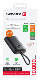 Swissten VoltBox Powerbank 35W – 10.000 mAh – USB-C & Lightning – Zwart