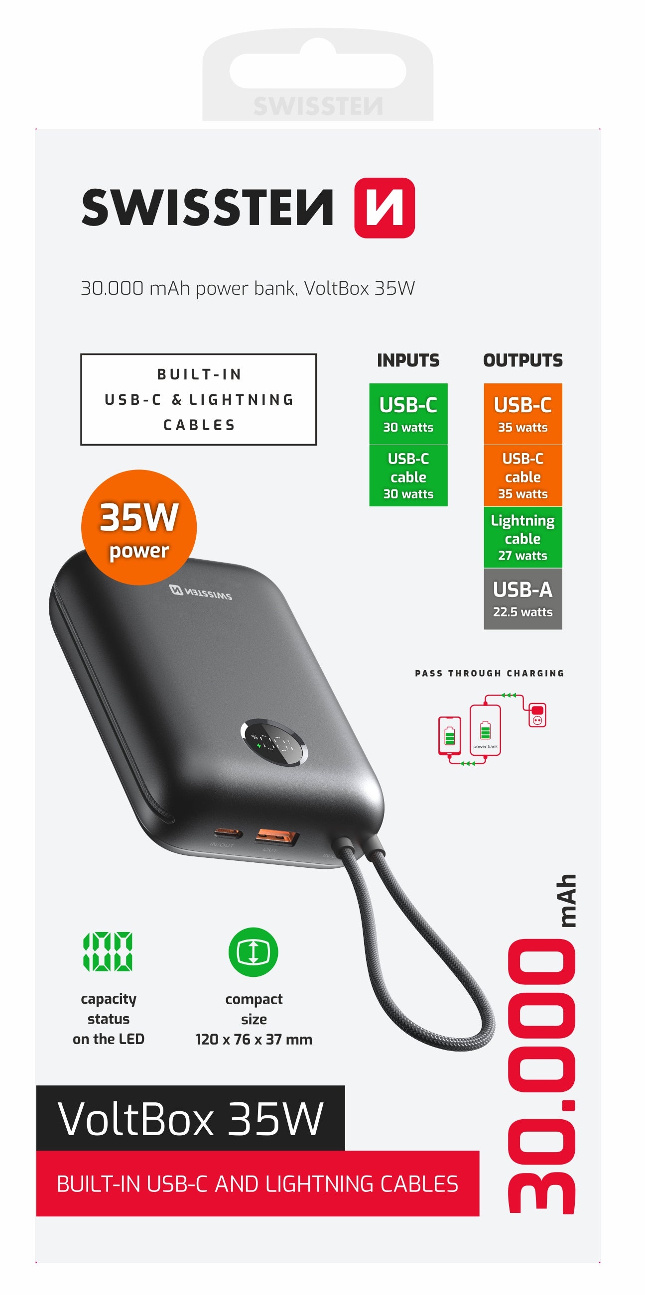 Swissten VoltBox Powerbank 35W – 30.000 mAh – USB-C & Lightning – Zwart