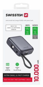 Swissten Powerbank 10.000 mAh – Ingebouwde USB-C & Lightning Kabels – Zilver