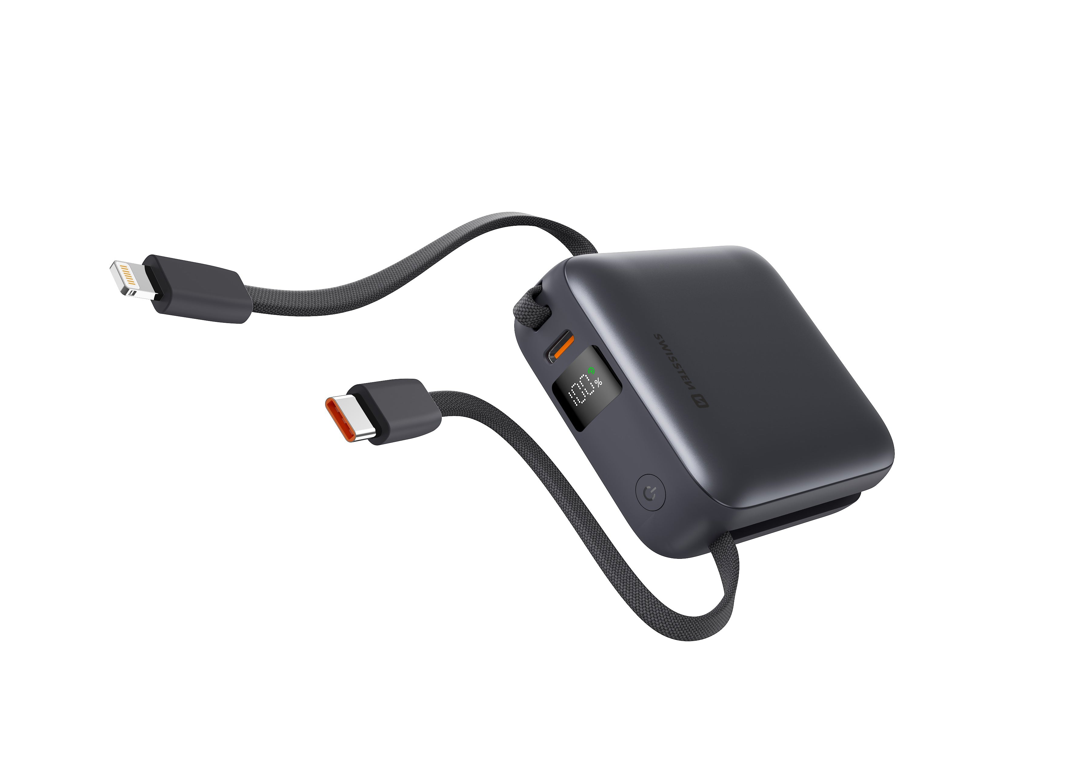 Swissten Powerbank 10.000 mAh – Ingebouwde USB-C & Lightning Kabels – Zilver