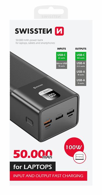 Swissten PowerLine Powerbank 100W – 50.000 mAh – Zwart