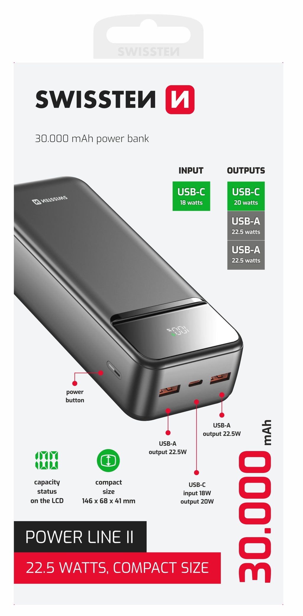 Swissten Powerline II Powerbank – 30.000 mAh – Zwart