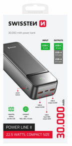Swissten Powerline II Powerbank – 30.000 mAh – Zwart