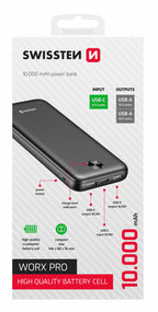 Swissten Worx Pro Powerbank – 10.000 mAh – Zwart