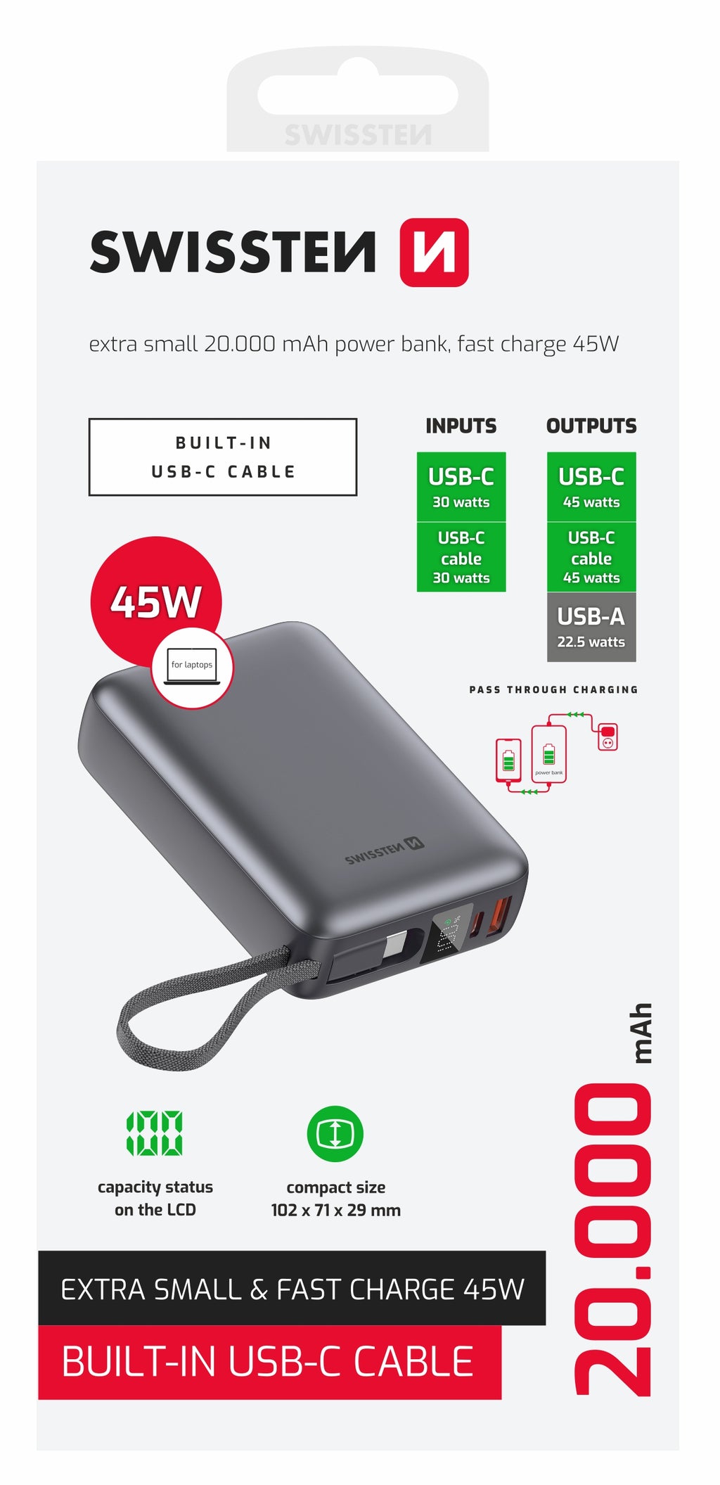 Swissten Powerbank 45W – 20.000 mAh – Ingebouwde USB-C Kabel – Zilver