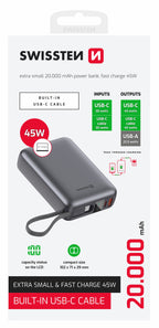 Swissten Powerbank 45W – 20.000 mAh – Ingebouwde USB-C Kabel – Zilver