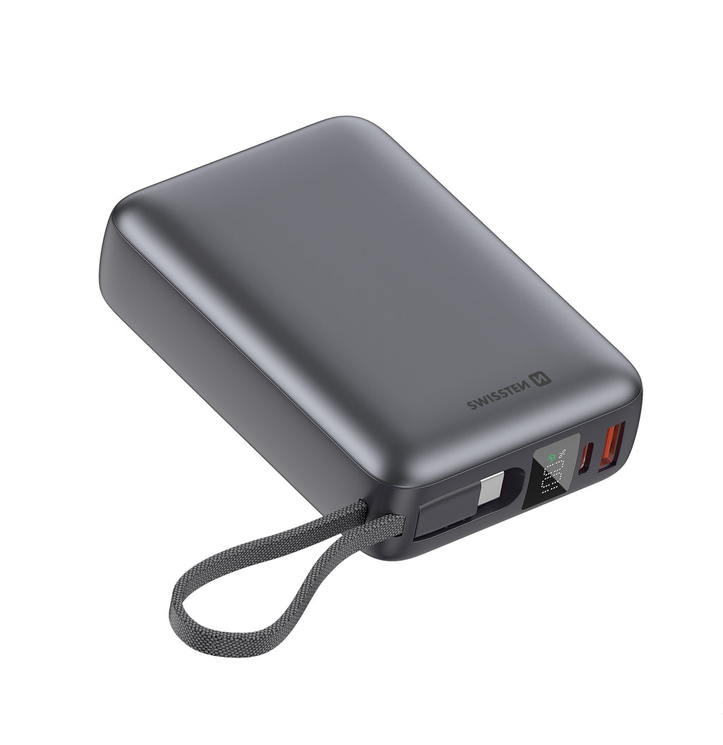 Swissten Powerbank 45W – 20.000 mAh – Ingebouwde USB-C Kabel – Zilver