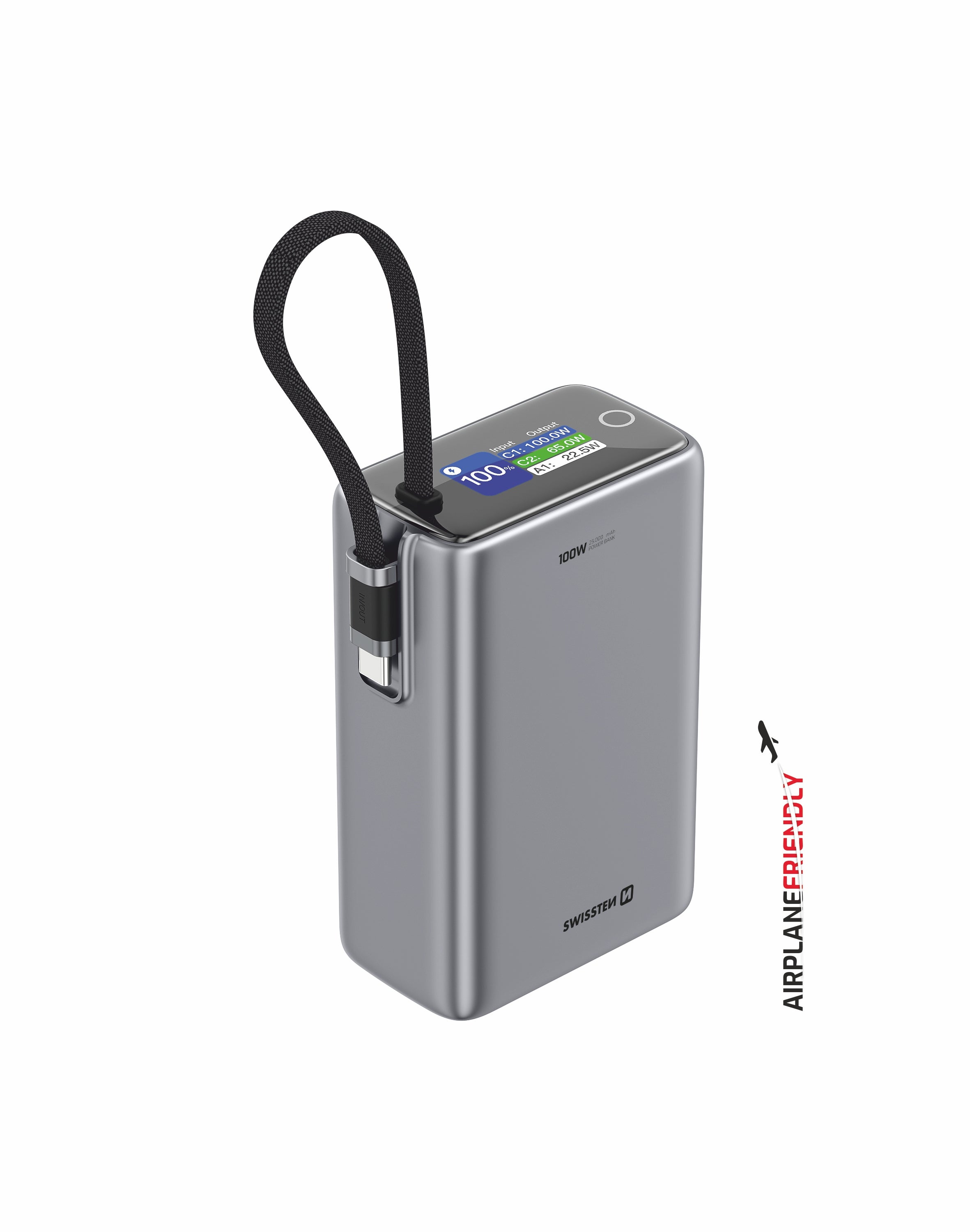 Swissten Airplane Friendly Powerbank 100W – 25.000 mAh – Grijs