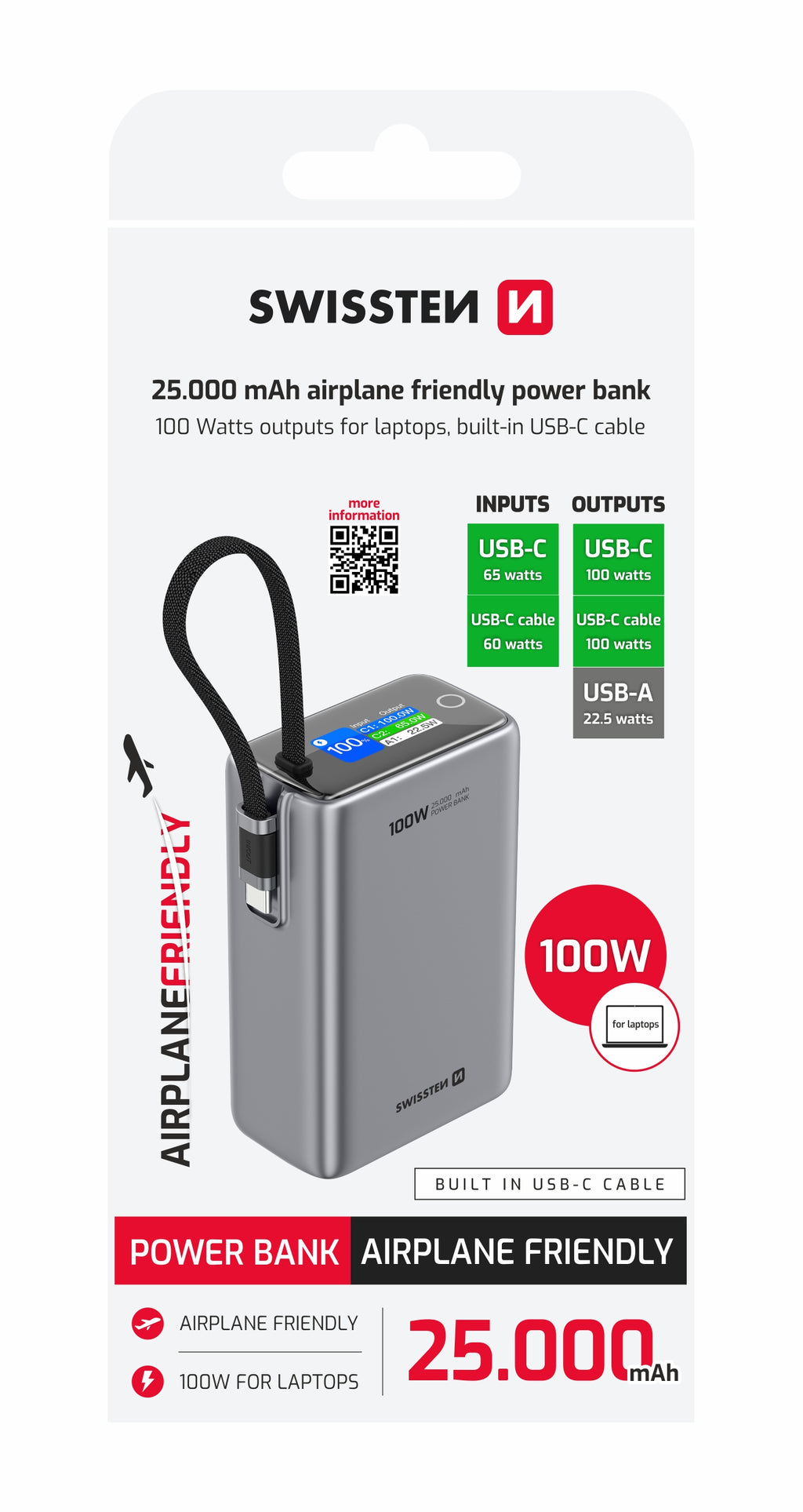 Swissten Airplane Friendly Powerbank 100W – 25.000 mAh – Grijs