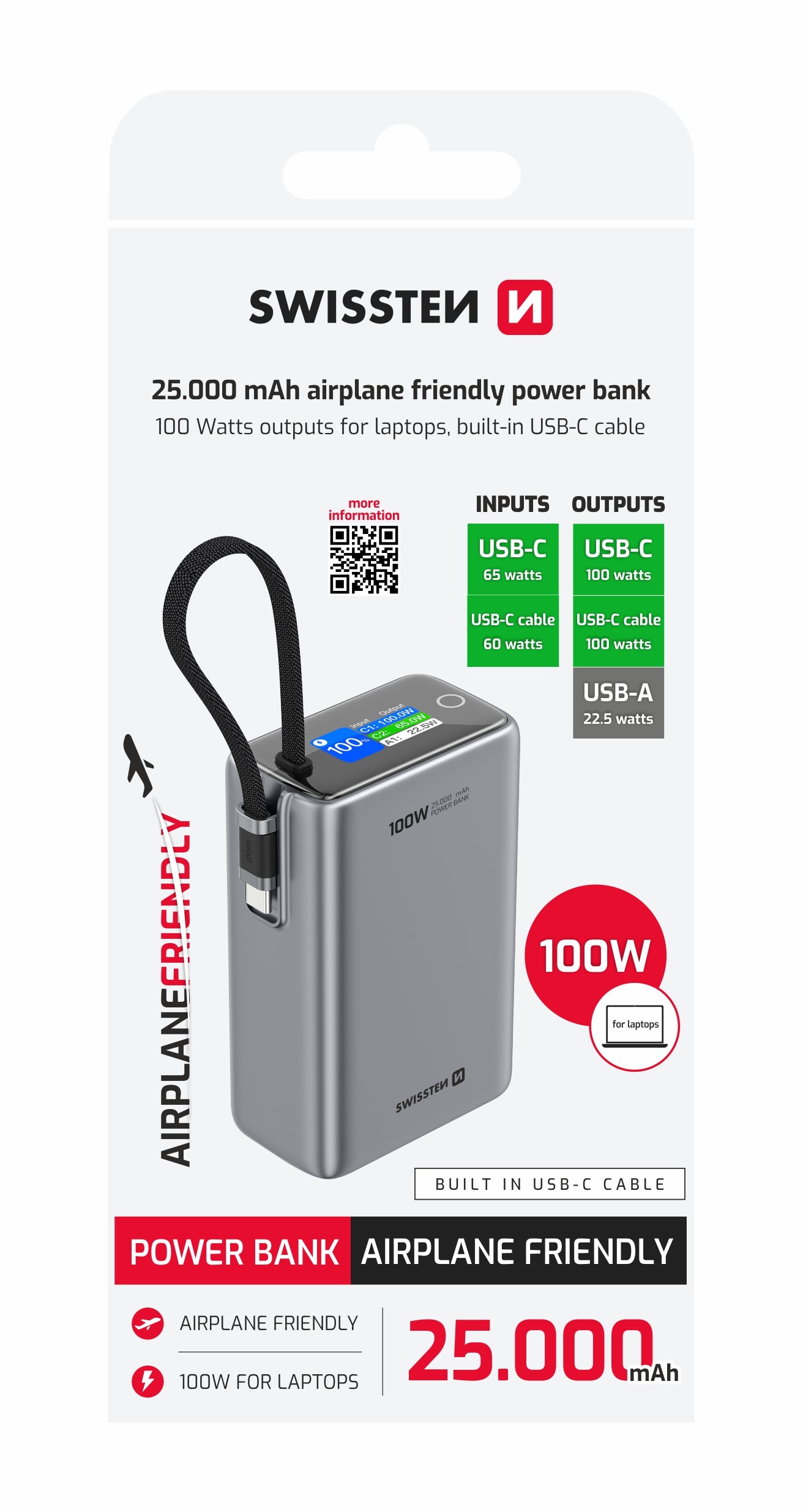 Swissten Airplane Friendly Powerbank 100W – 25.000 mAh – Grijs