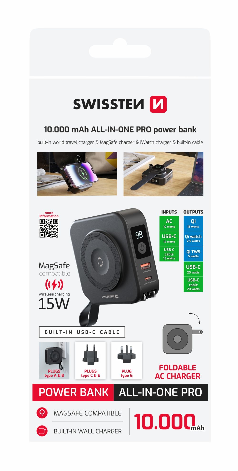Swissten All-in-One Pro Powerbank – 10.000 mAh – Zwart