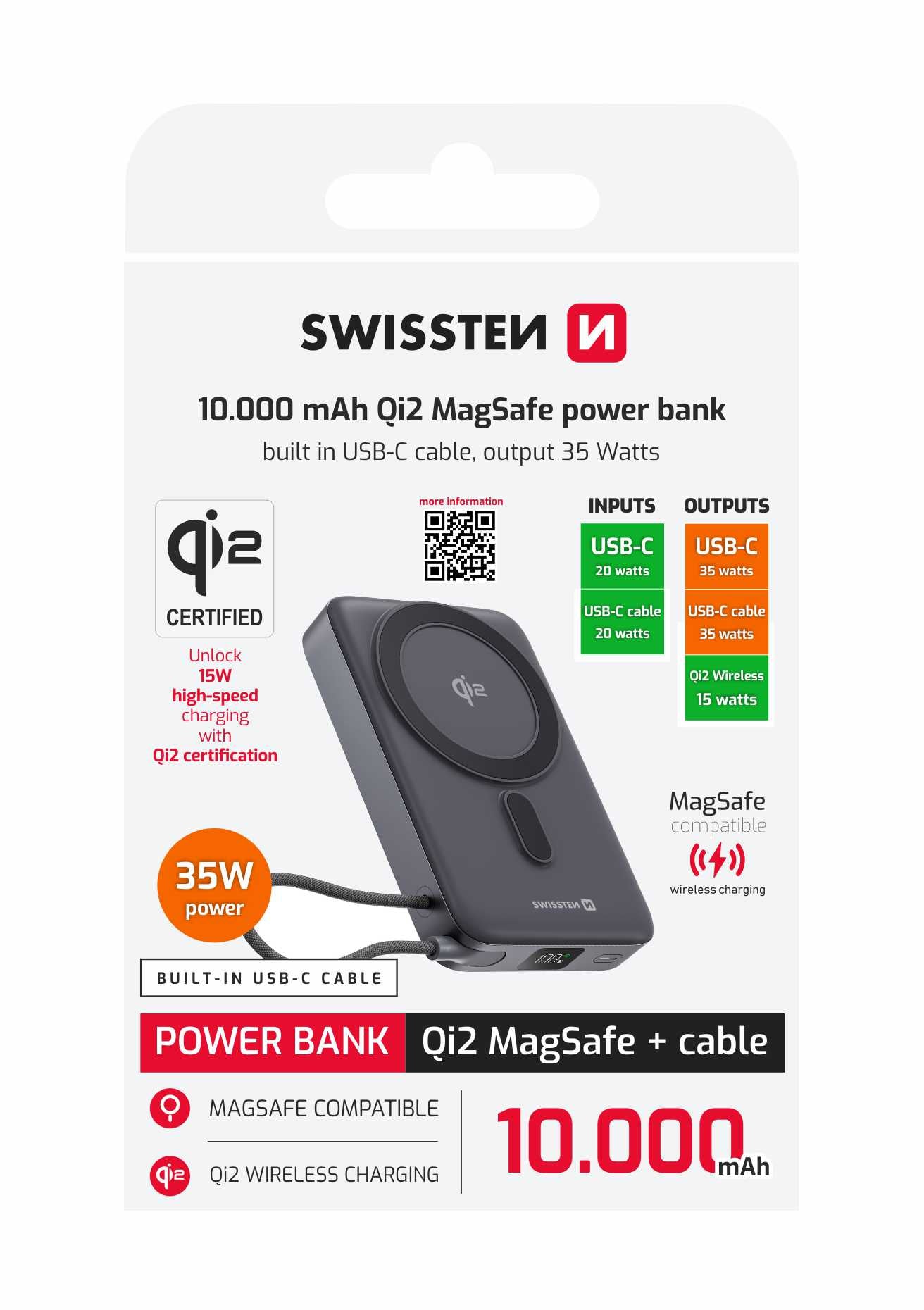 Swissten MagSafe Powerbank 15W – 10.000 mAh – Zwart