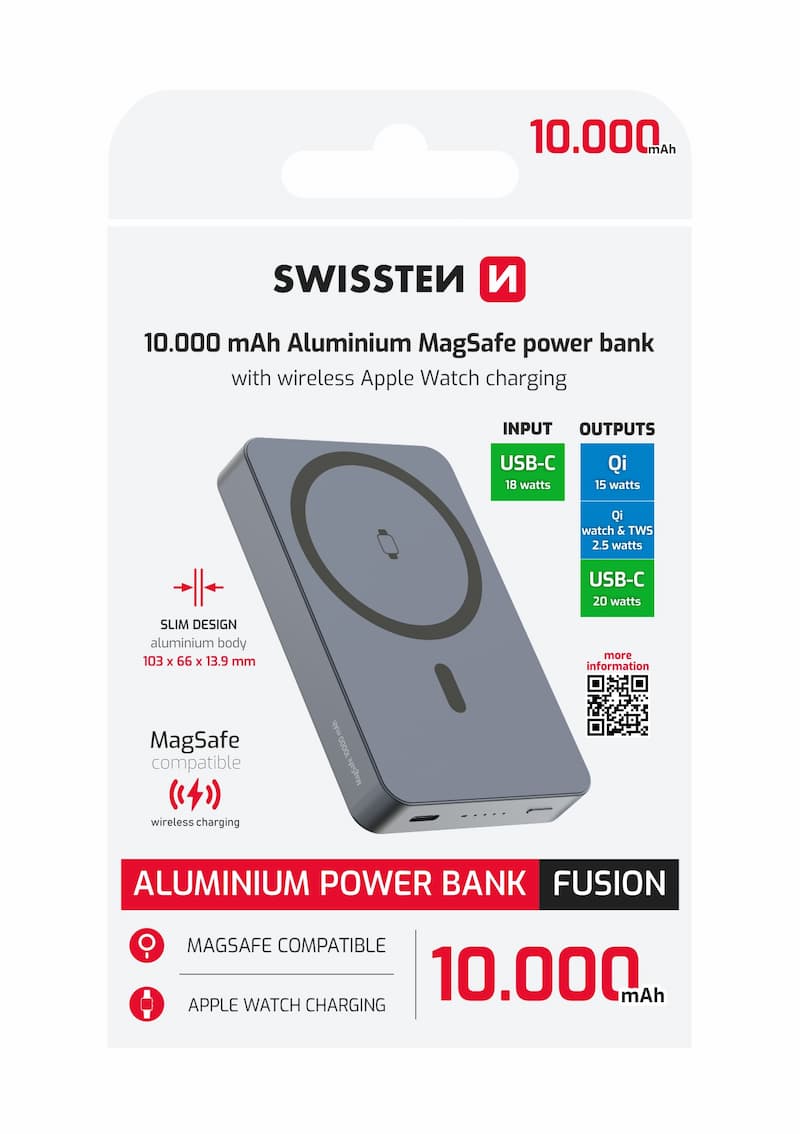 Swissten Fusion MagSafe Powerbank 10.000 mAh – Zilver