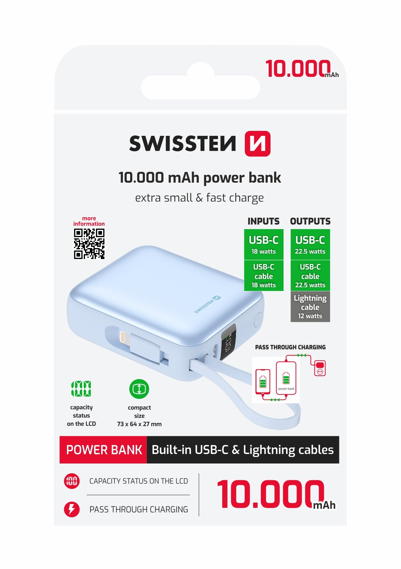 Swissten Space Powerbank 10.000 mAh – Roze | USB-C & Lightning Kabels