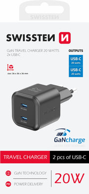 Swissten 2x USB-C 20W Power Delivery GaN Travel Charger - 22070510 - Black