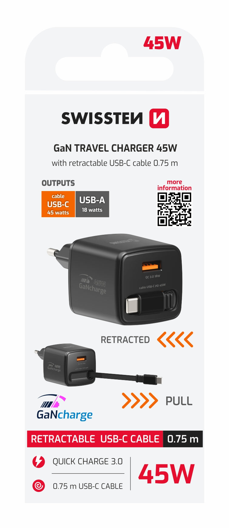 Swissten SlideCharge Travel Charger (45W) - 22071340 - Black
